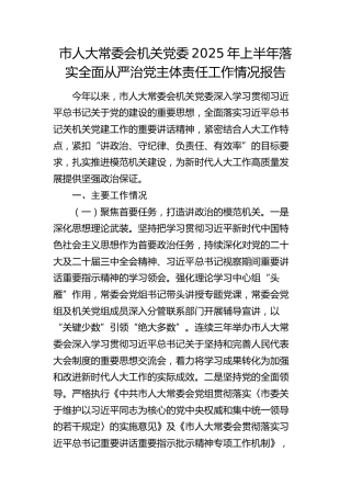 市人大常委会党委2025年上半年落实全面从严治党主体责任工作情况报告