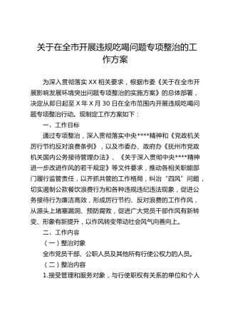 在全市开展违规吃喝问题专项整治的工作方案