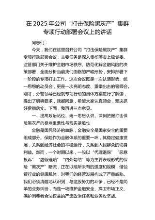 公司“打击保险黑灰产”集群专项行动部署会议上的讲话