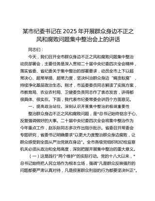市纪委书记在2025年开展群众身边不正之风和腐败问题集中整治会上的讲话