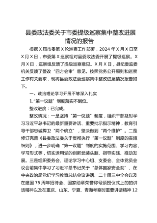 县委政法委关于市委提级巡察集中整改进展情况的报告