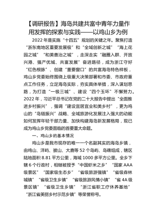 【调研报告】海岛共建共富中青年力量作用发挥的探索与实践——以鸡山乡为例