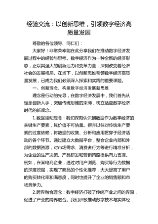 经验交流发言：以创新思维，引领数字经济高质量发展