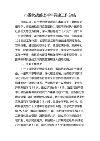 市委统战部上半年党建工作总结2600字
