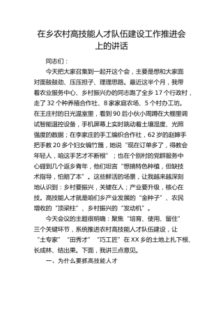 在乡镇农村高技能人才队伍建设工作推进会上的讲话