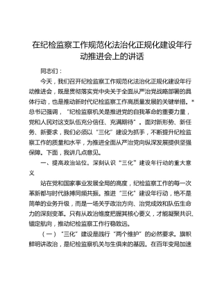 在纪检监察工作规范化法治化正规化建设年行动推进会上的讲话（三化）