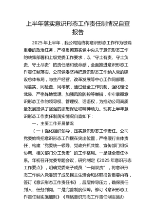国企公司上半年落实意识形态工作责任制情况自查总结报告