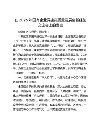 在2025年国企党建高质量发展创新经验交流会上的发言（公司）