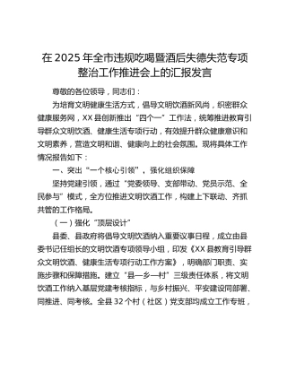 全市违规吃喝暨酒后失德失范专项整治工作推进会上的汇报发言