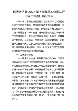 区委政法委上半年落实全面从严治党主体责任情况报告