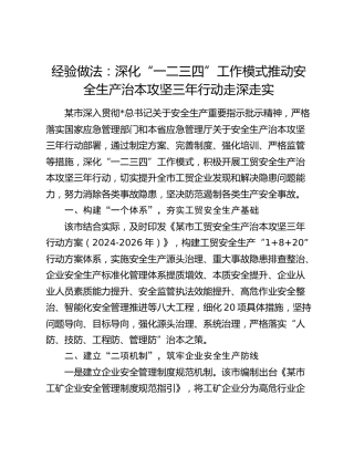 -经验做法发言：深化“一二三四”工作模式   推动安全生产治本攻坚三年行动走深走实