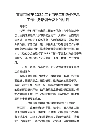 副市长在2025年全市第二期政务信息工作业务培训会议上的讲话