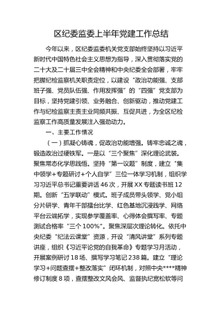 区纪委监委上半年党建工作总结3200字