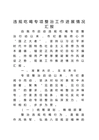 市纪委关于违规吃喝专项整治工作进展情况总结汇报