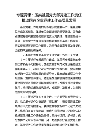 党课：压实基层党支部党建工作责任  推动国有企业党建工作高质量发展