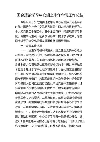 国企公司理论学习中心组上半年学习工作总结