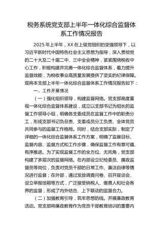 税务系统党支部上半年一体化综合监督体系工作总结报告