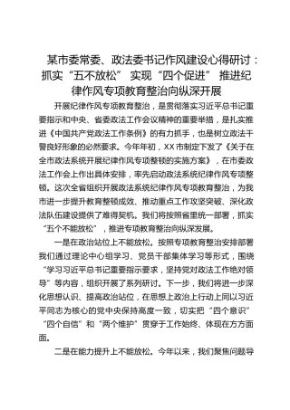 市委常委、政法委书记作风建设心得研讨发言：抓实“五不放松” 实现“四个促进” 推进纪律作风专项教育整治向纵深开展