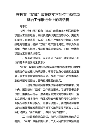 在教育 “双减” 政策落实不到位问题专项整治工作推进会上的讲话2