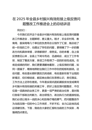 全县乡村振兴有效衔接上级反馈问题整改工作推进会上的总结讲话