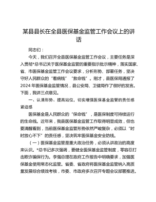 县县长在全县医保基金监管工作会议上的讲话