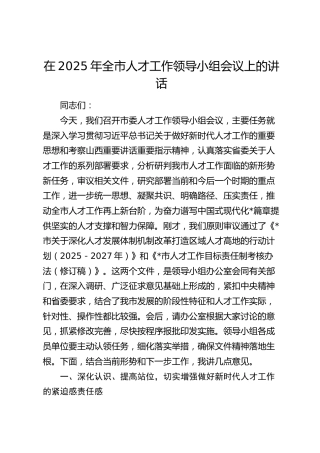 全市人才工作领导小组会议上的讲话
