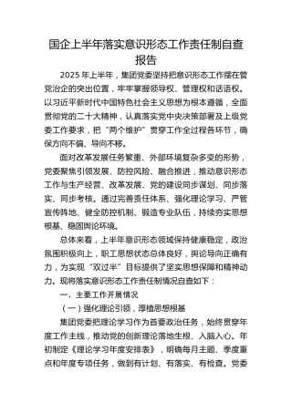 国企公司2025年上半年落实意识形态工作责任制自查报告（3800字总结）