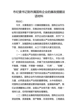 市纪委书记到市属国有企业的廉政提醒谈话