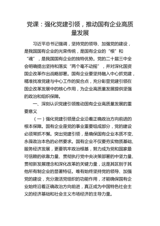 公司党课：强化党建引领，推动国有企业高质量发展