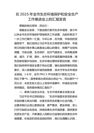 全市生态环境保护和安全生产工作推进会上的汇报发言