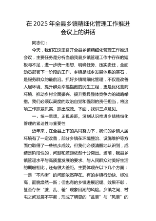 在2025年全县乡镇精细化管理工作推进会议上的讲话