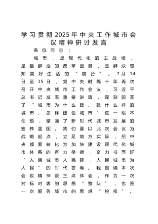 学习贯彻2025年中央工作城市会议精神研讨发言