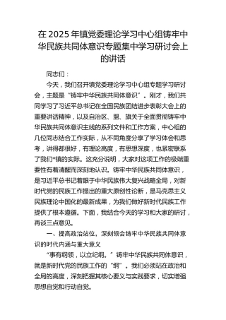 乡镇中心组铸牢中华民族共同体意识专题集中学习研讨会上的讲话