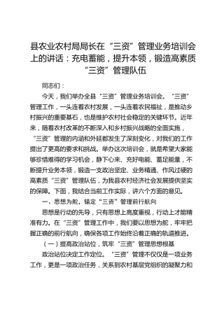 县农业农村局局长在“三资”管理业务培训会上的讲话