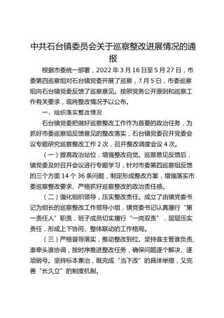 中共石台镇委员会关于巡察整改进展情况的通报