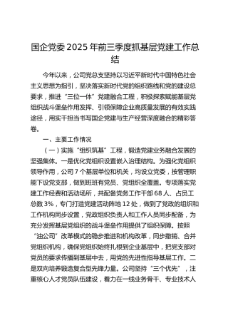 国企党委2025年前三季度抓基层党建工作总结（公司）