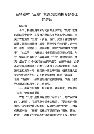 在乡镇农村“三资”管理风险防控专题会上的讲话