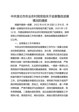 市农业农村局党组关于巡察整改进展情况的通报
