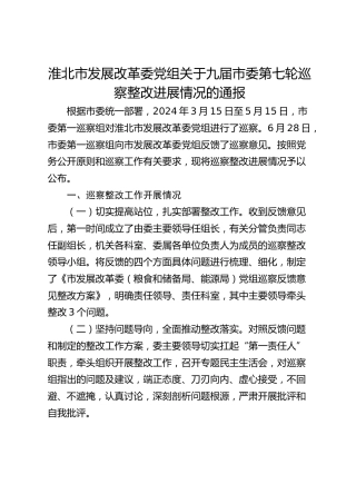 淮北市发展改革委党组关于九届市委第七轮巡察整改进展情况的通报