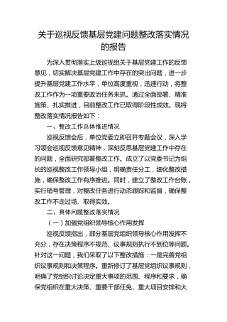 关于巡视（巡察）反馈基层党建问题整改落实情况的报告