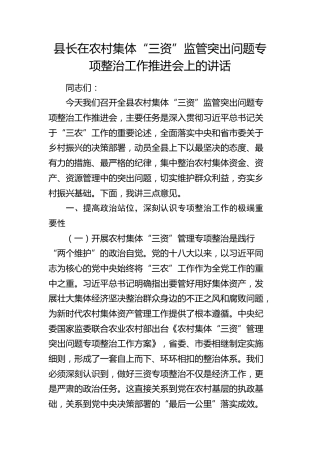 县长在农村集体“三资”监管突出问题专项整治工作推进会上的讲话(1)