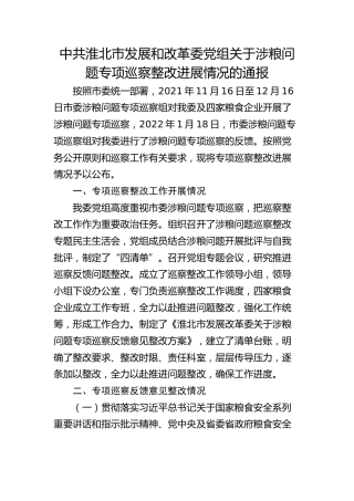 市发展和改革委党组关于涉粮问题专项巡察整改进展情况的通报