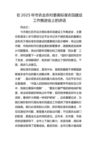 市农业农村委高标准农田建设工作推进会上的讲话
