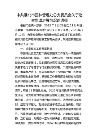 市园林管理处总支委员会关于巡察整改进展情况的通报