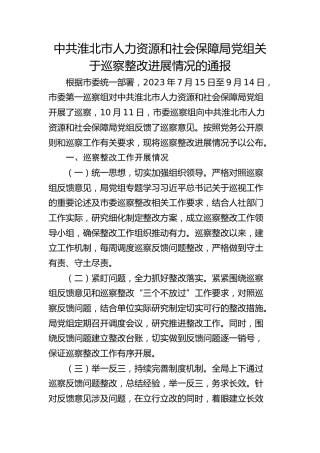市人力资源和社会保障局党组关于巡察整改进展情况的通报