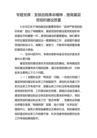 党课：发扬自我革命精神，提高基层党组织建设质量