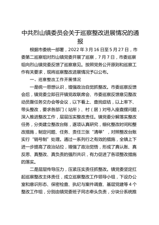 中共烈山镇委员会关于巡察整改进展情况的通报
