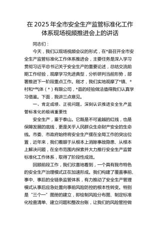 全市安全生产监管标准化工作体系现场视频推进会上的讲话