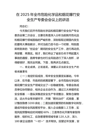 全市危险化学品和烟花爆竹安全生产专委会会议上的讲话