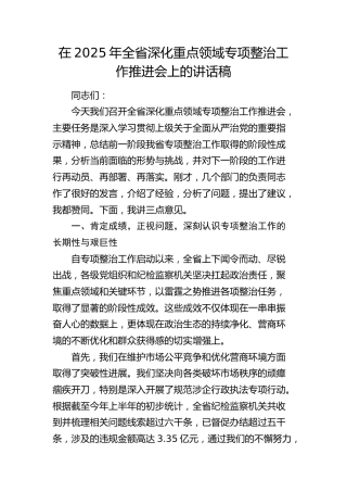 全省深化重点领域专项整治工作推进会上的讲话稿